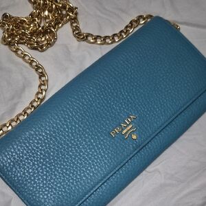 Prada Blue Leather Clutch with Gold Chain
